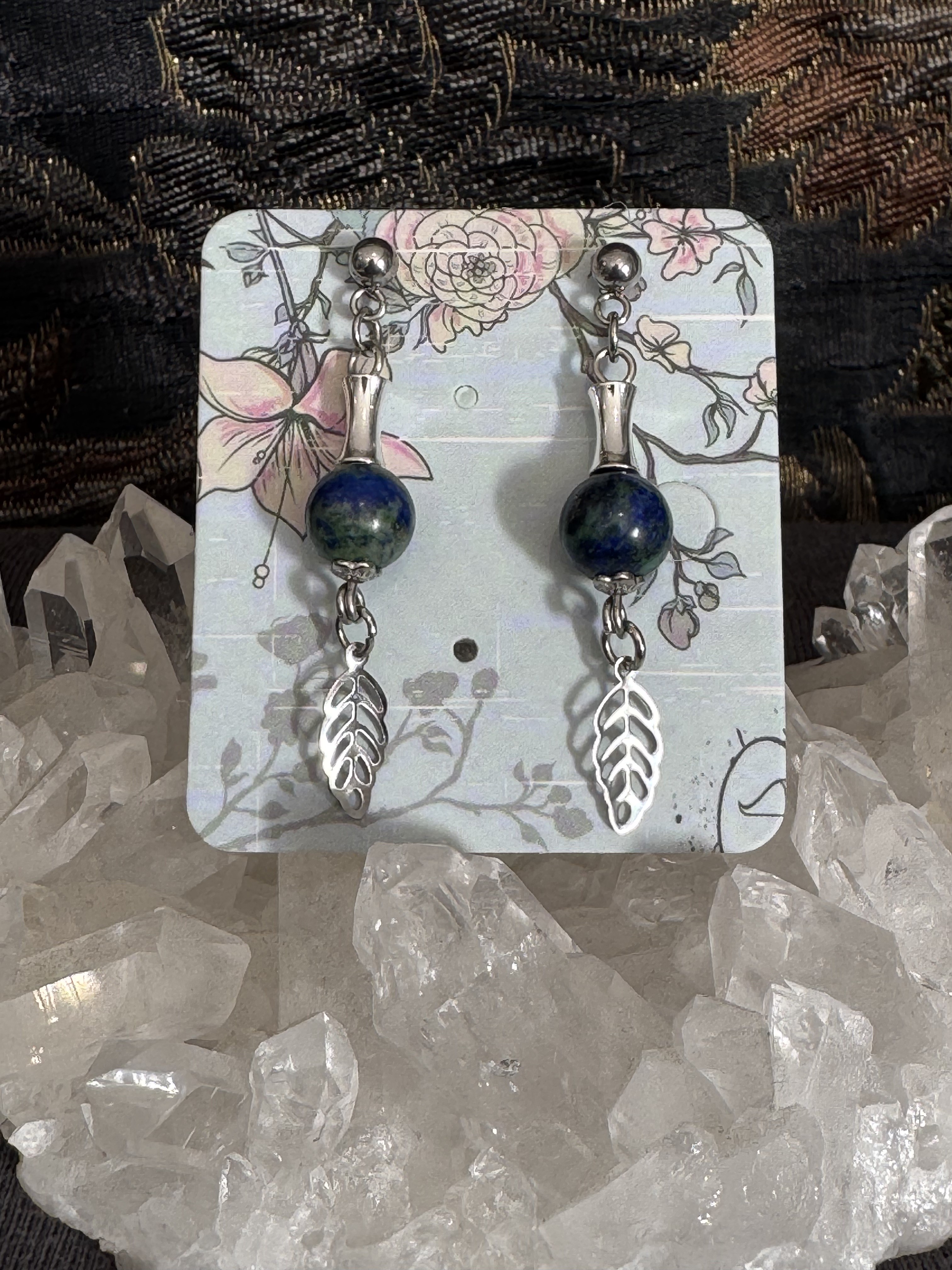 Boucles d'oreilles "Feuille d'automne" en Azurite Malachite