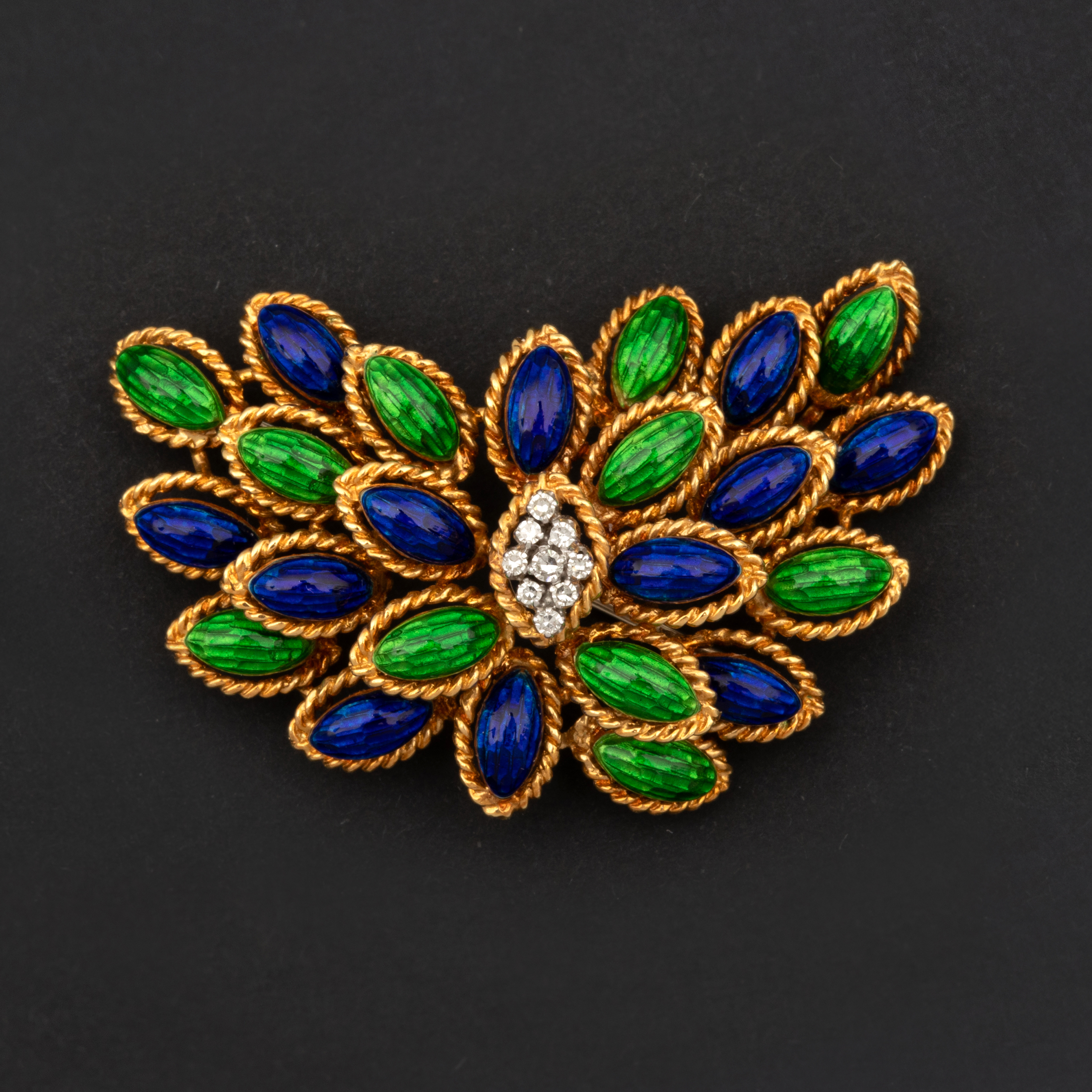 Broche Feuillage Diamants et Email