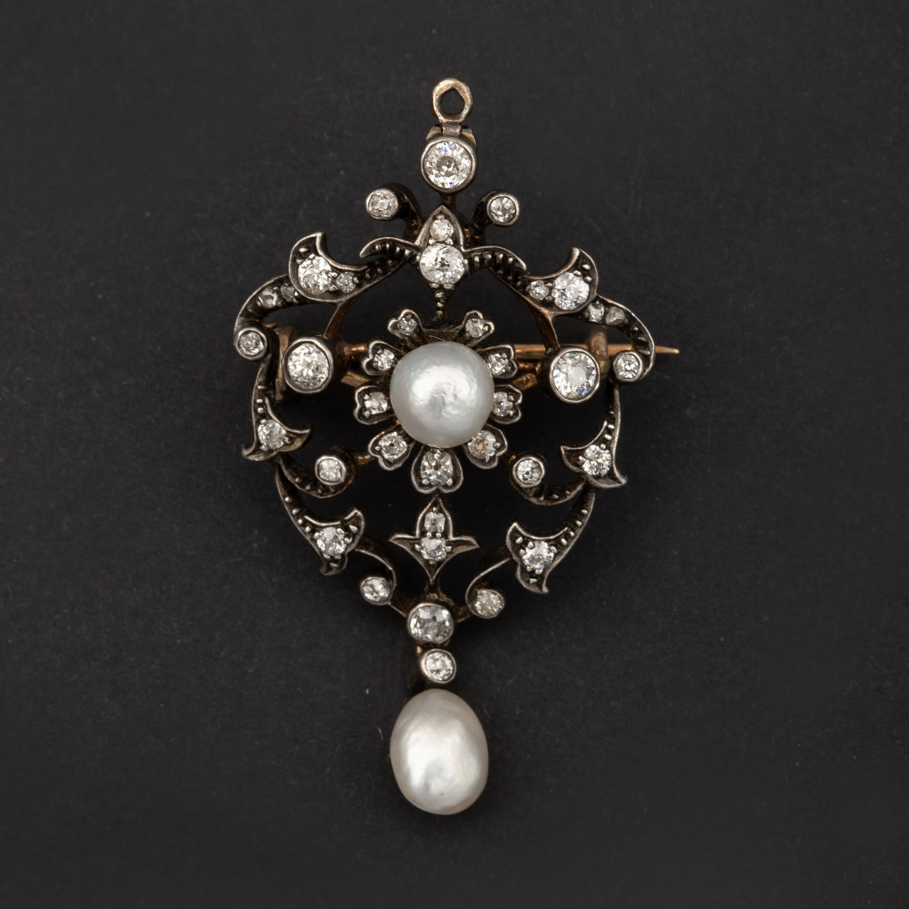 Broche Pendentif Ancien Diamants Perles