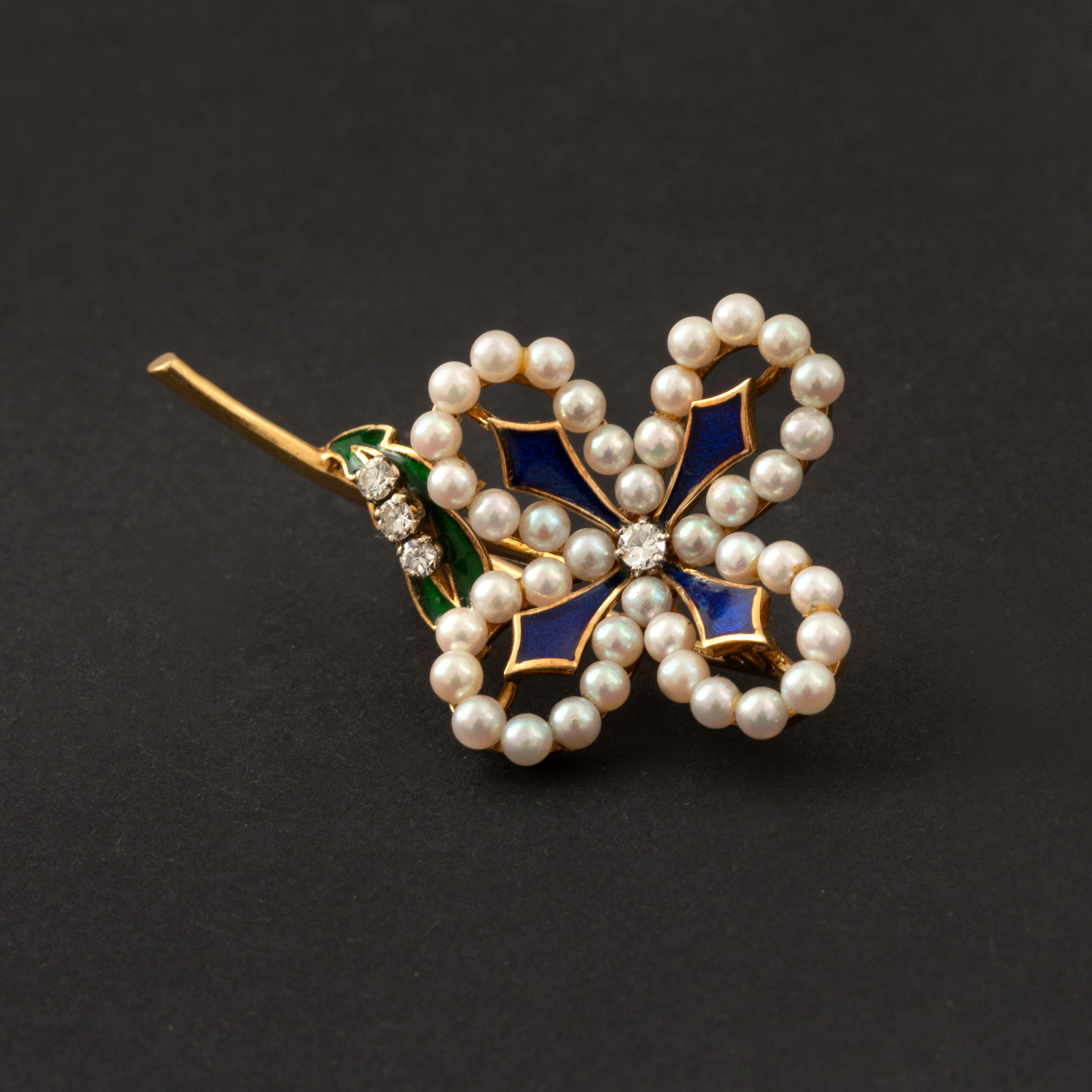 Broche Trèfle 4 Feuilles Perles Diamants Email