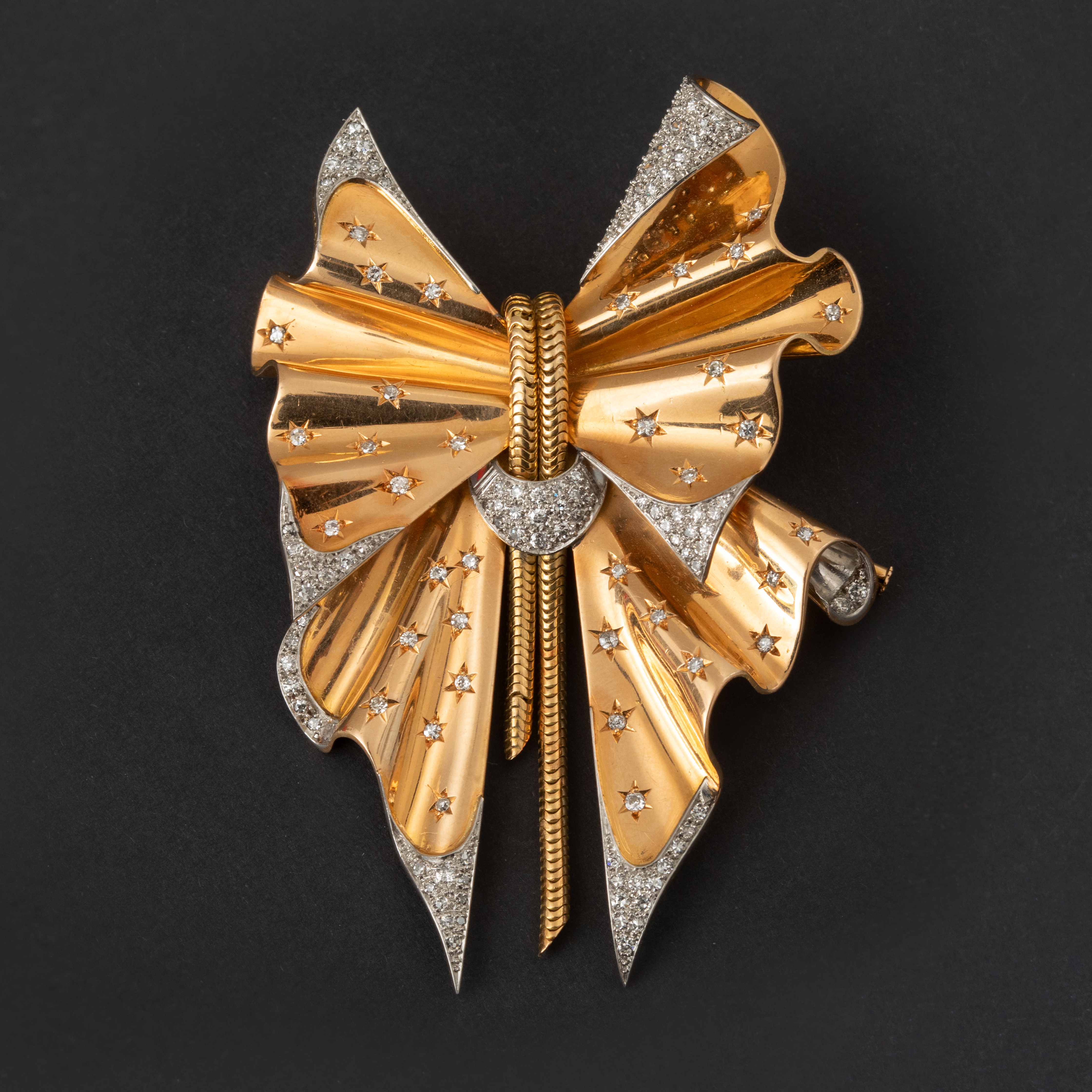 Importante Broche Noeud Vintage Or Jaune Diamants