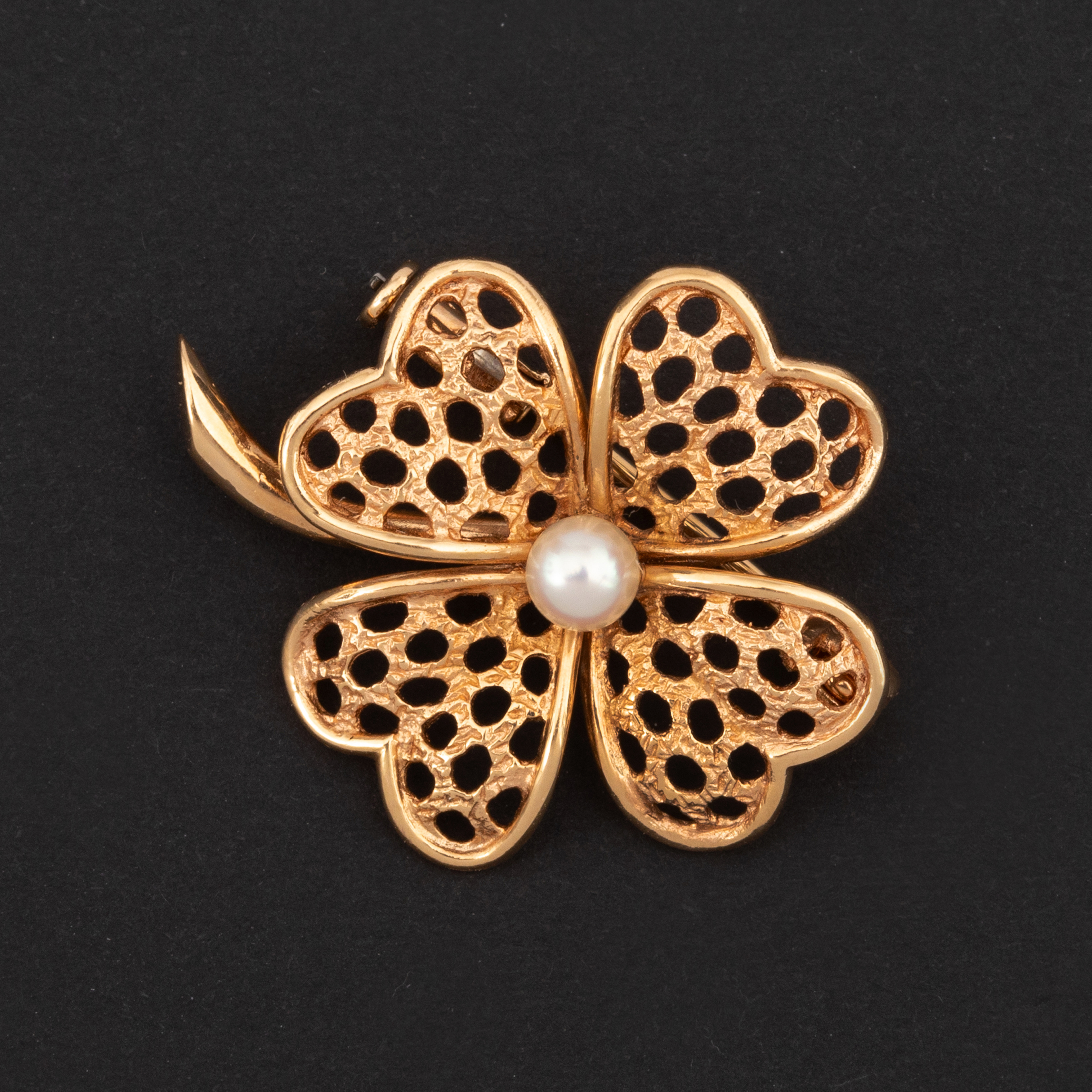 Broche Trèfle Vintage Or Jaune Perle Akoya