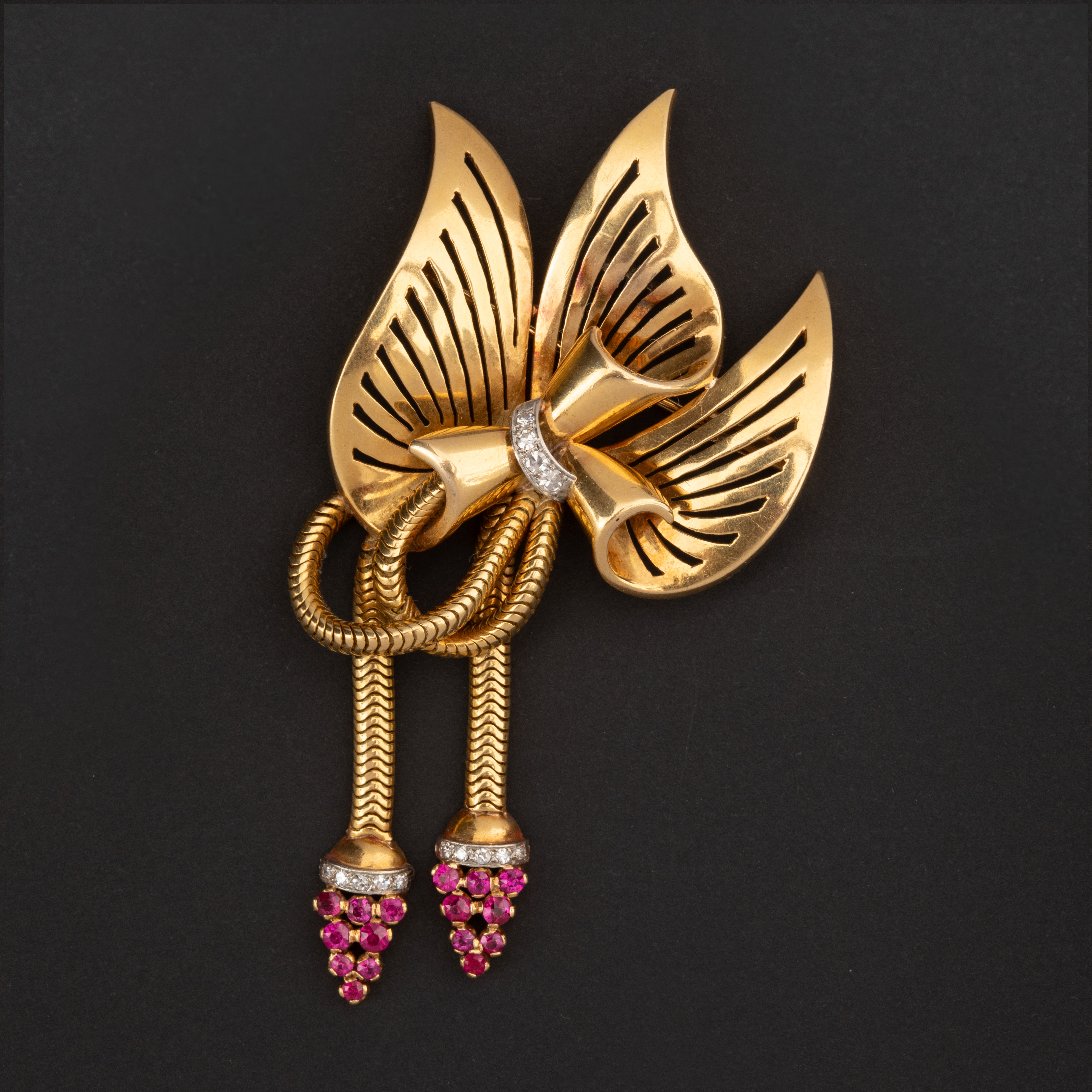 Broche Pampilles Or Jaune Rubis Diamants