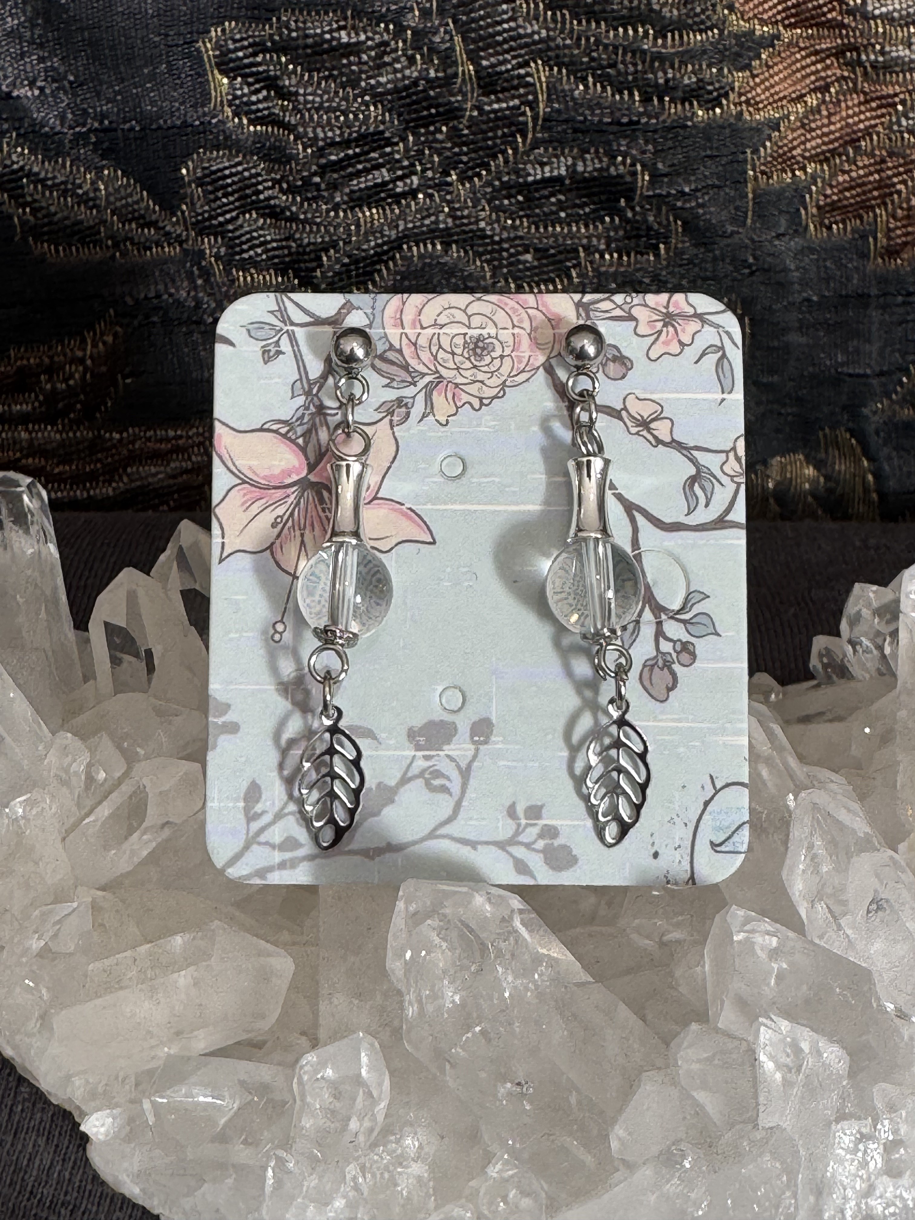Boucles d'oreilles "Feuille d'automne" en Cristal de Roche