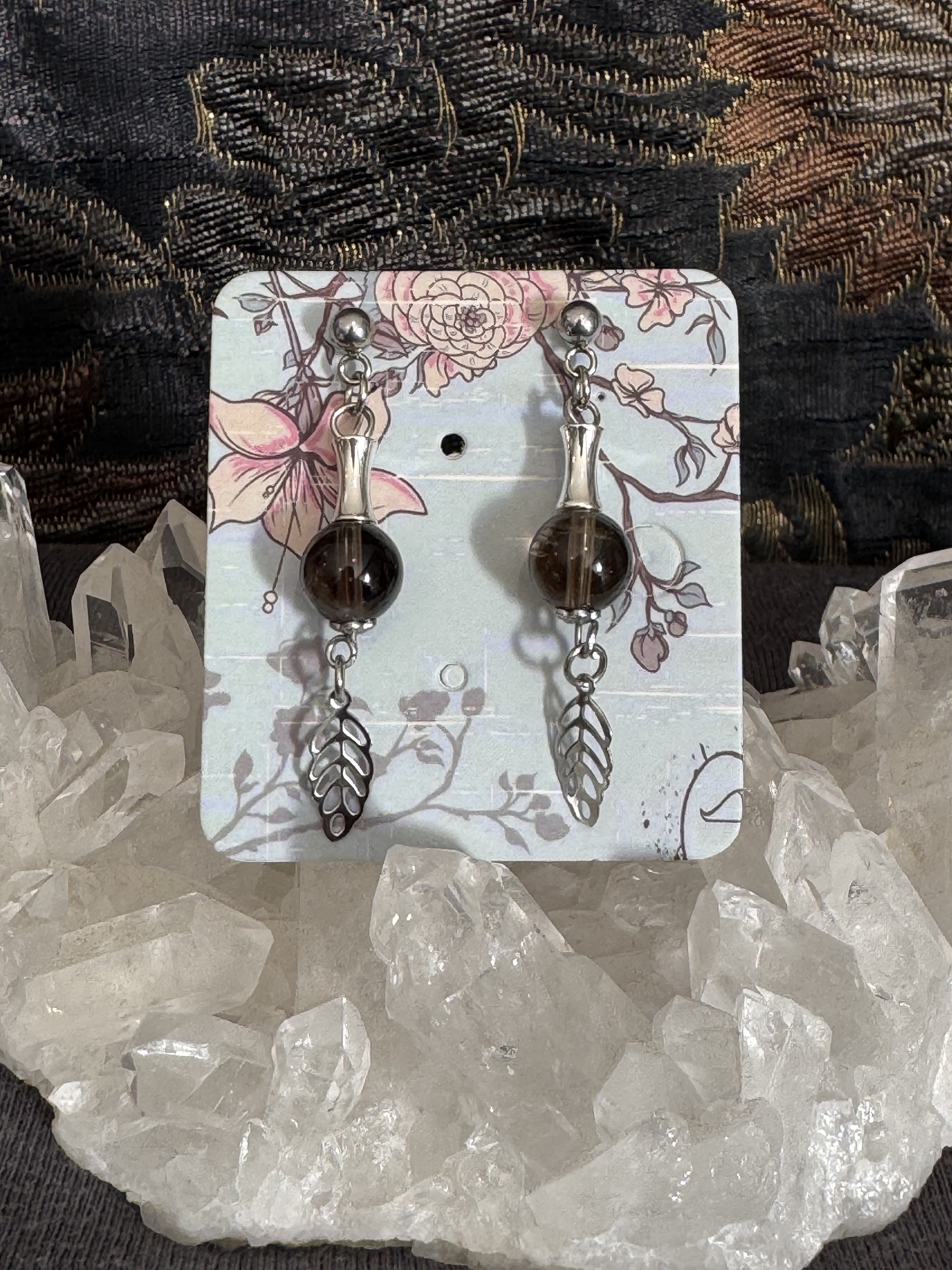 Boucles d'oreilles "Feuille d'automne" en Quartz Fumé