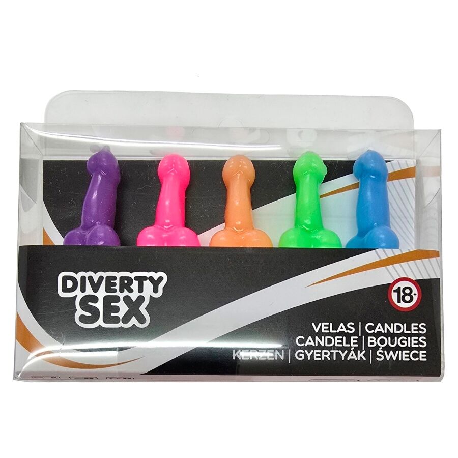 Boîte de 5 bougies pénis multicolores pour EVJF - Diablo Picante