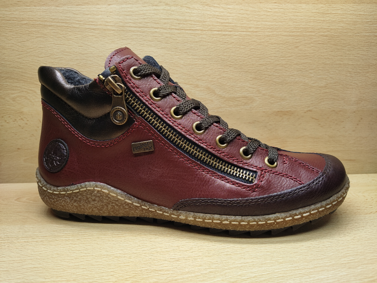 📌 Rieker Bottillon à lacets + 2 zips, Bordeaux / Marron