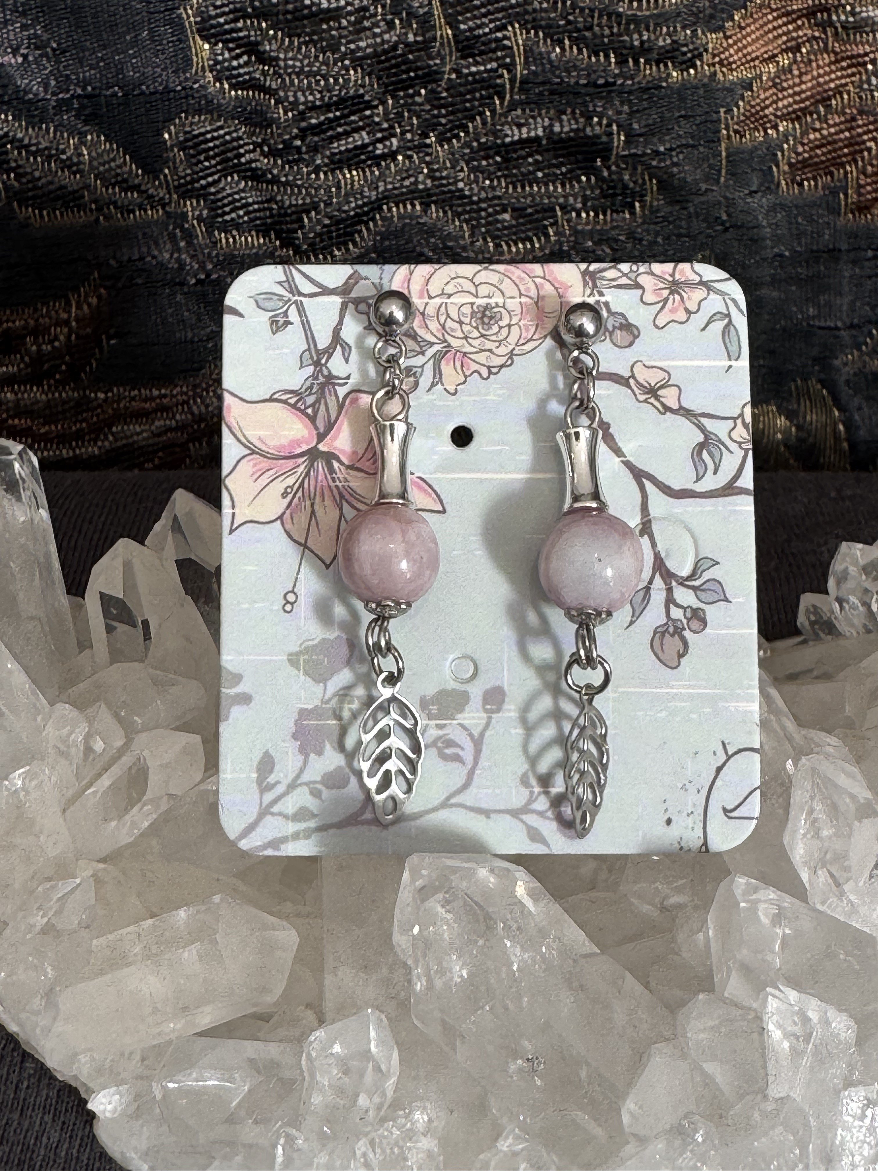 Boucles d'oreilles "Feuille d'automne" en Kunzite