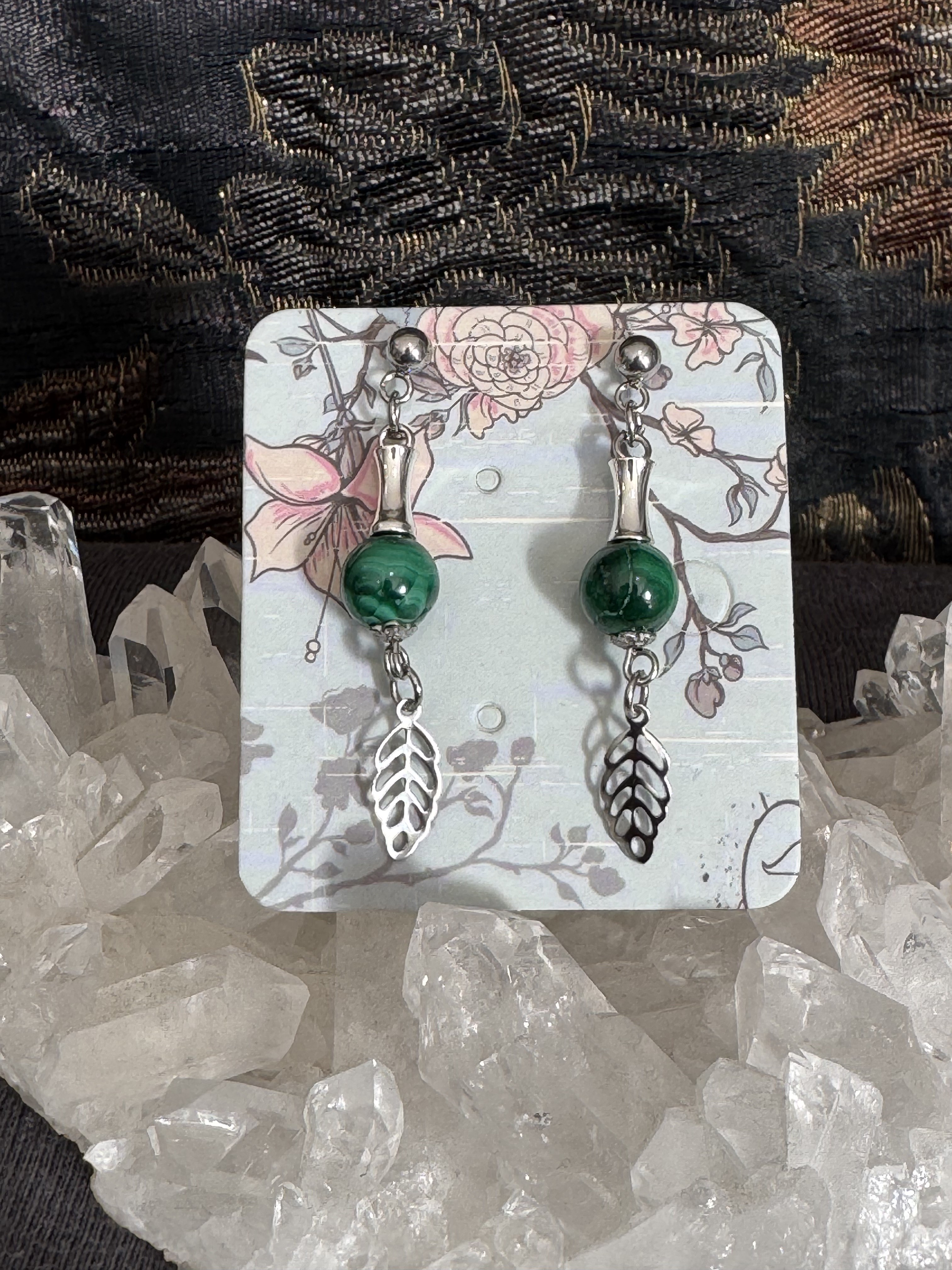 Boucles d'oreilles "Feuille d'automne" en Malachite