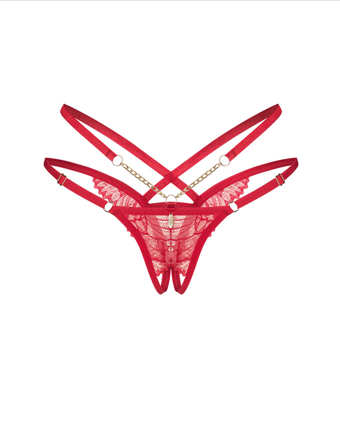 Matildea String ouvert rouge avec chaînes dorées - Obssesive