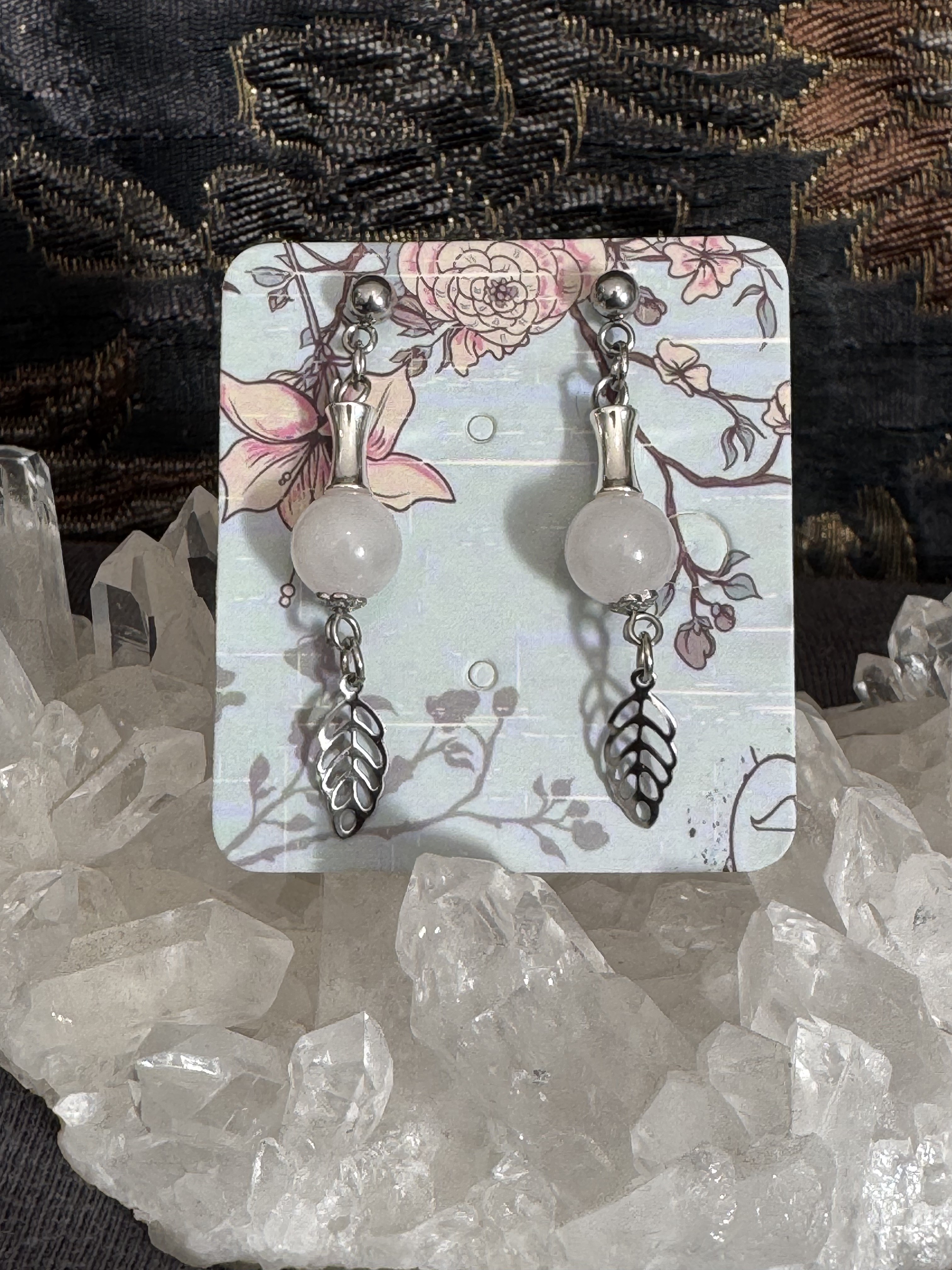 Boucles d'oreilles "Feuille d'automne" en Quartz Rose