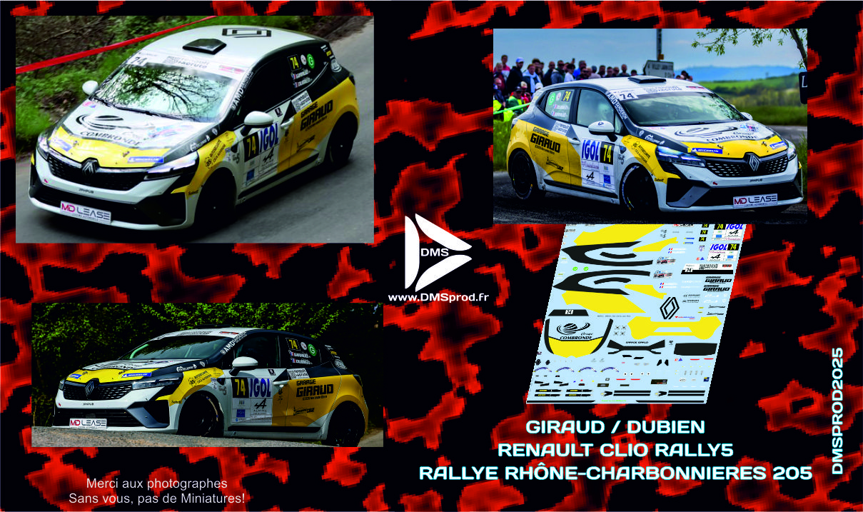 Décal 1/43eme GIRAUD / DUBIEN RENAULT CLIO RALLY5 RALLYE RHONE-CHARBONNIERES 2025