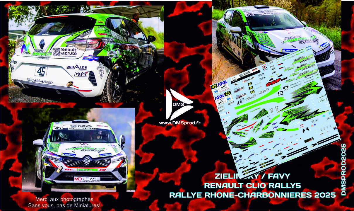 Décal 1/43eme ZIELINSKY / FAVY RENAULT CLIO RALLY5 RALLYE RHONE-CHARBONNIERES 2025