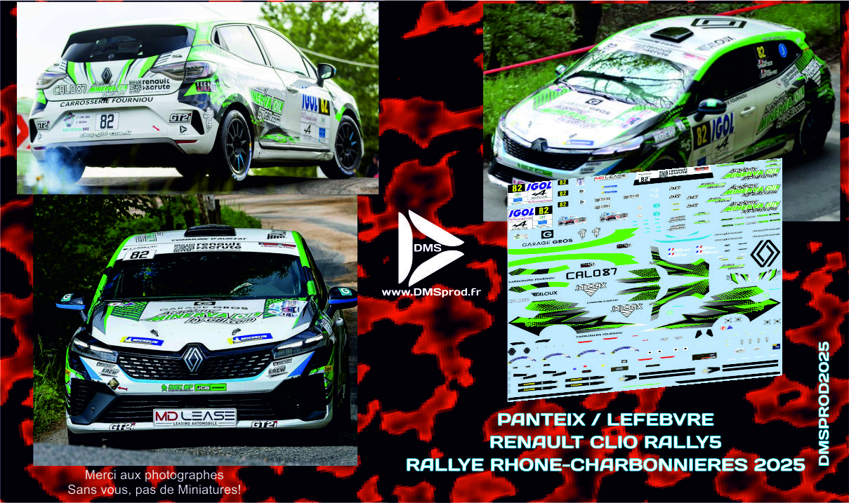 Décal 1/43eme PANTEIX / LEFEBVRE RENAULT CLIO RALLY5 RALLYE RHONE-CHARBONNIERES 2025