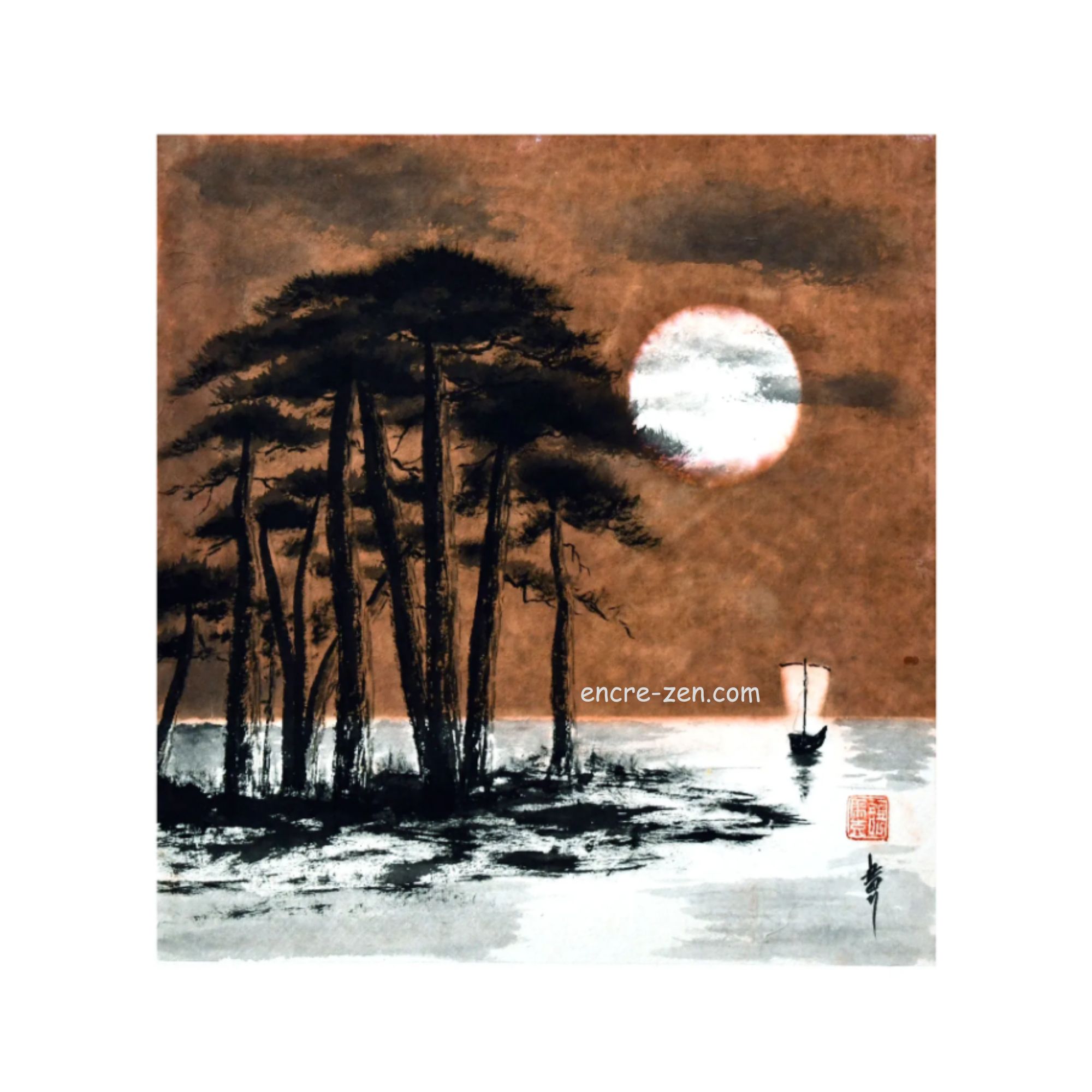 Lune d'automne, dessine un pin avec de l'encre