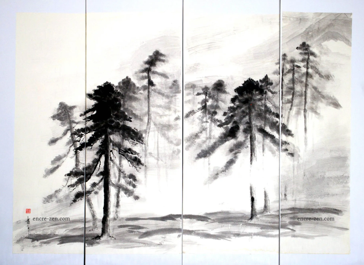la brise fraiche emplit le vide ciel de la rumeur des pins. Quadriptyque (120 x 160 cm)