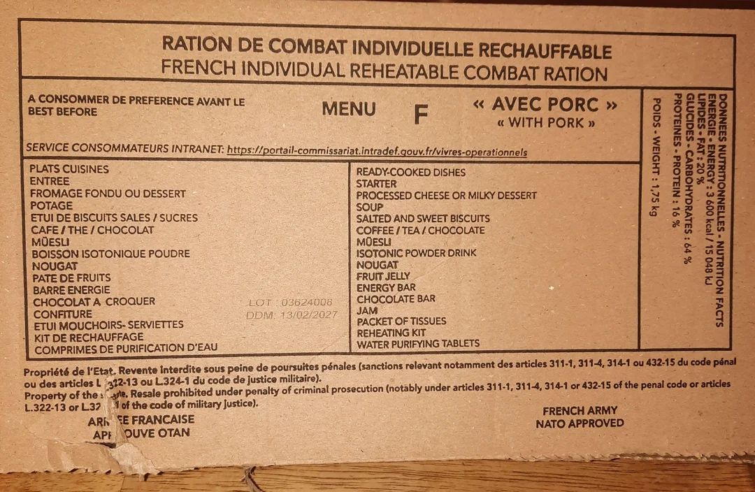 Ration Française RCIR MENU "F"