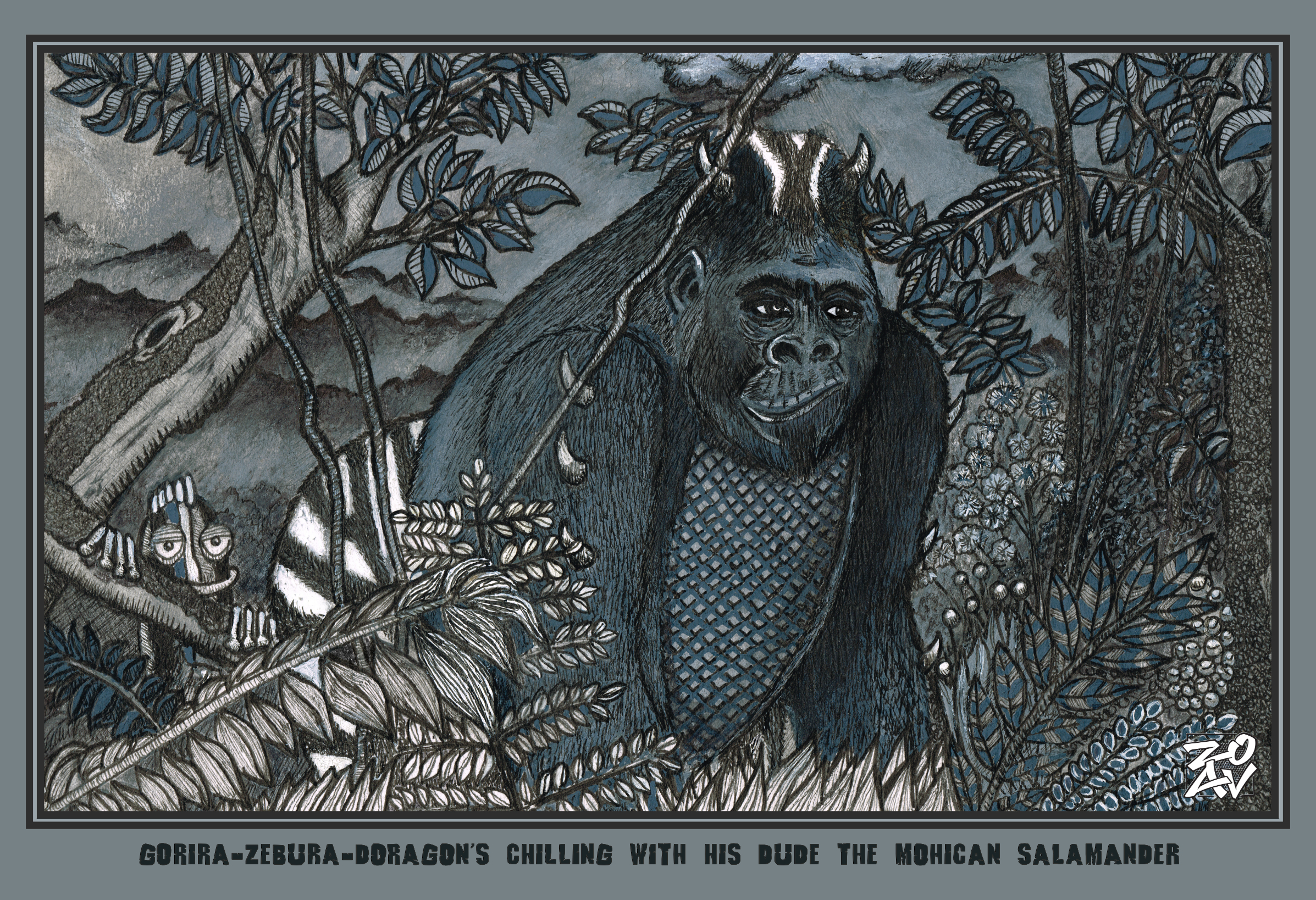 "Gorira-Zebura-Doragon's Chilling With His Dude THe Mohican Salamander" - Impression HD sur dibond - 45 cm x 30 cm