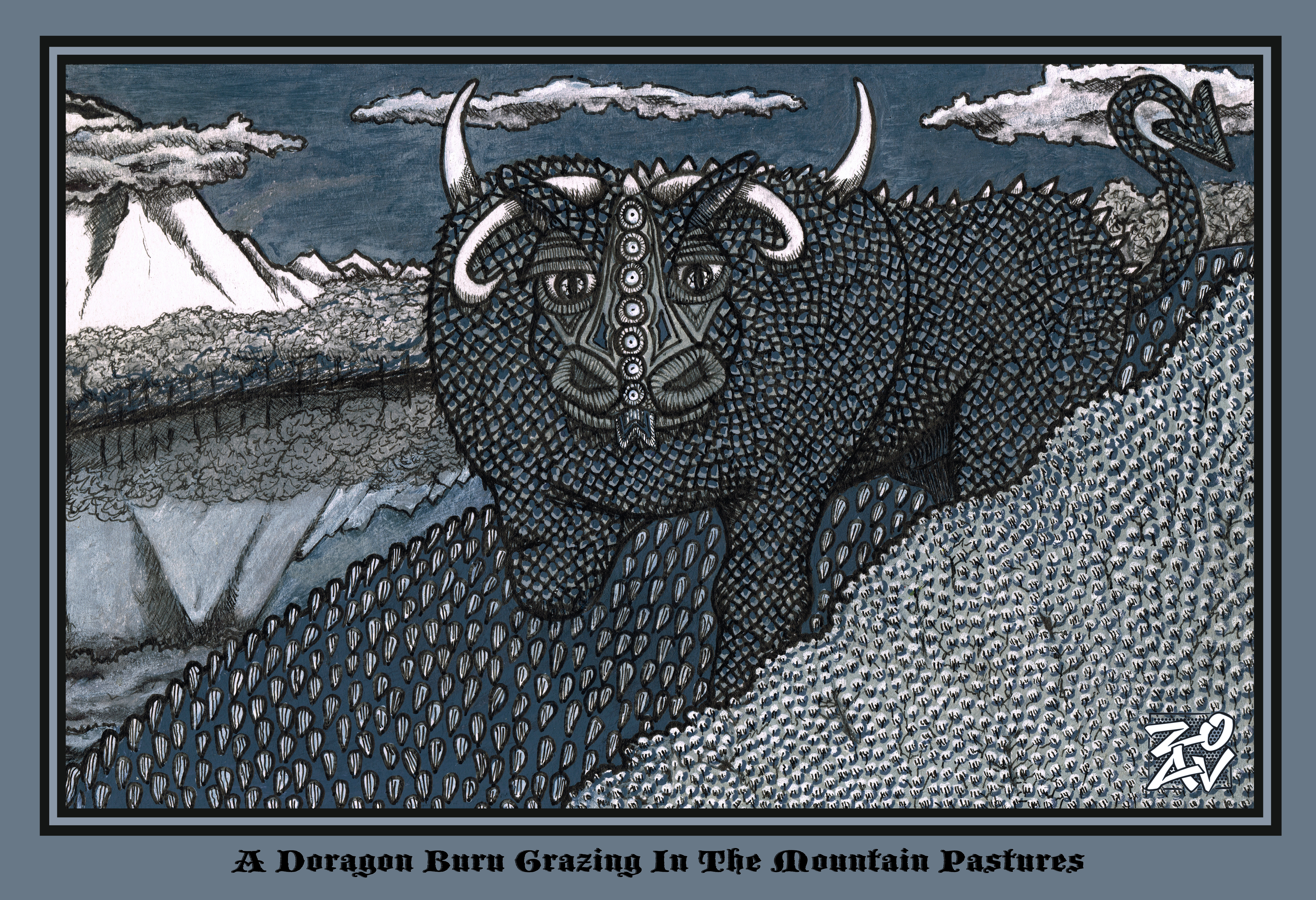 "A Doragon-Buru Grazing In The Mountain Pastures"