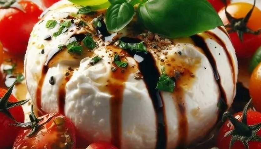 BURRATA, Tomate, Pesto & Caramel de Balsamique 	
