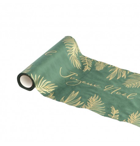 CHEMIN DE TABLE VELOURS VERT/OR JOYEUX NOEL FEUILLAGES 0.28/3M