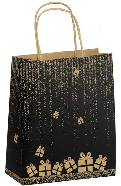 50 Sacs kraft noir motif cadeau 18+8x22cm