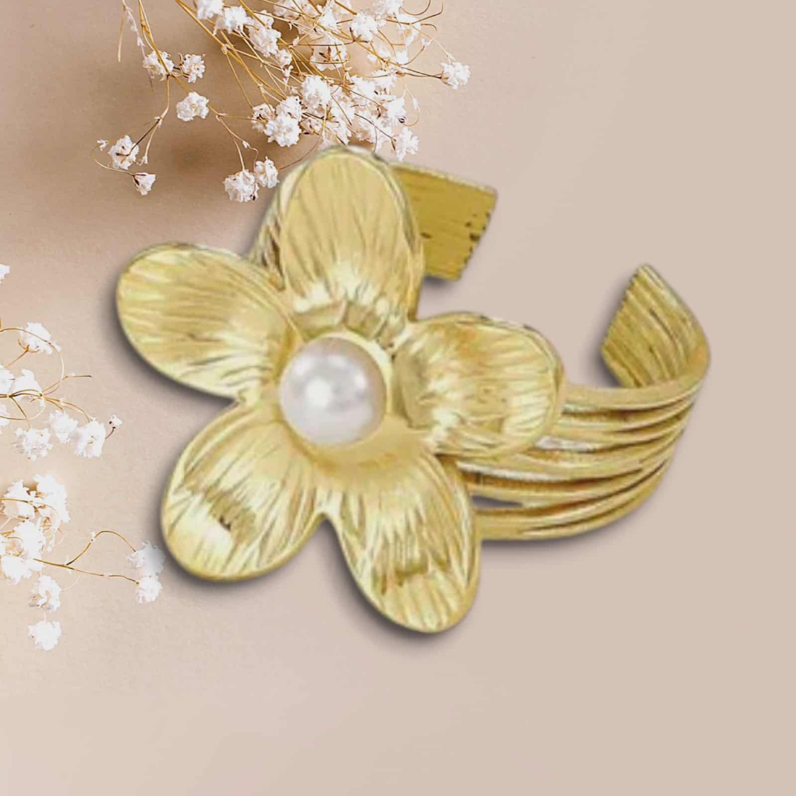 Bague Doré Fleur Pétales avec Perle