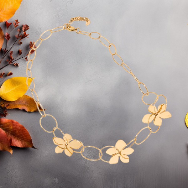 Collier Maillons Ovales Dorées Avec Fleurs Brillantes