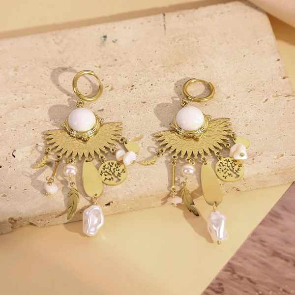 Boucles d'Oreilles Créoles Pendentifs Soleil Et Perles Blanches