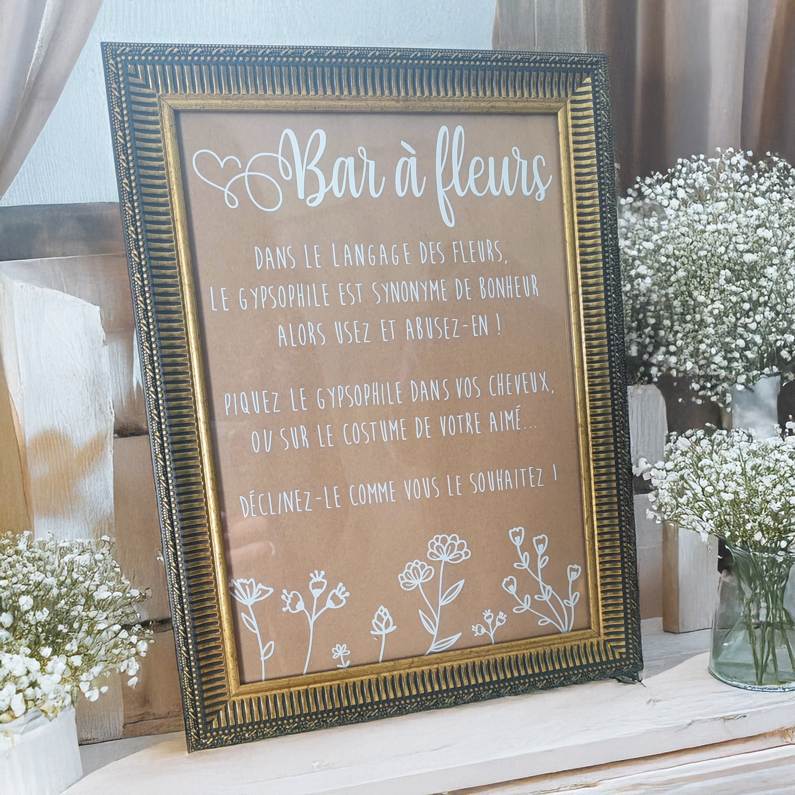 Cadre doré + texte “Bar à fleurs”