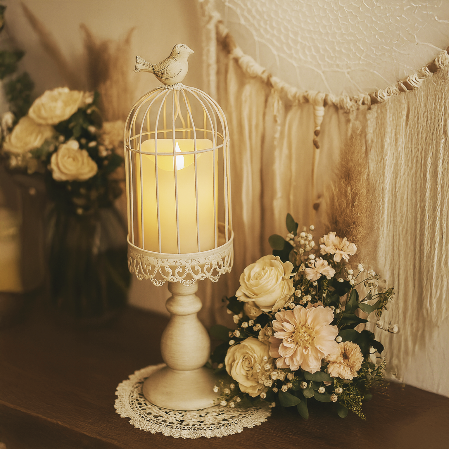 Cage à oiseaux + bougie LED sur pied