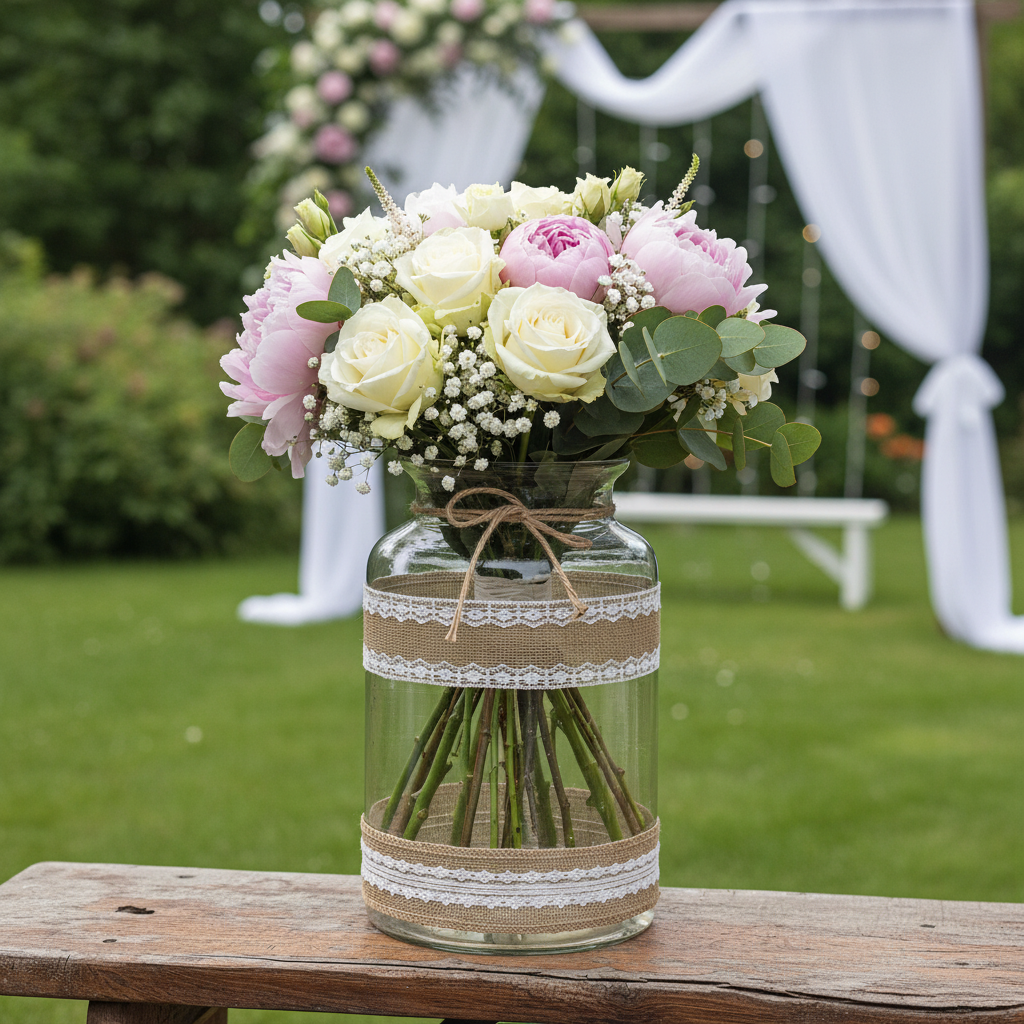 Grand vase droit dentelle et jute