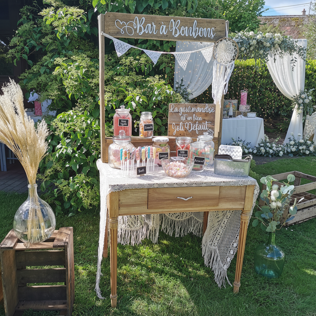 Table bar à bonbons, tattoos, rhums, sirops...