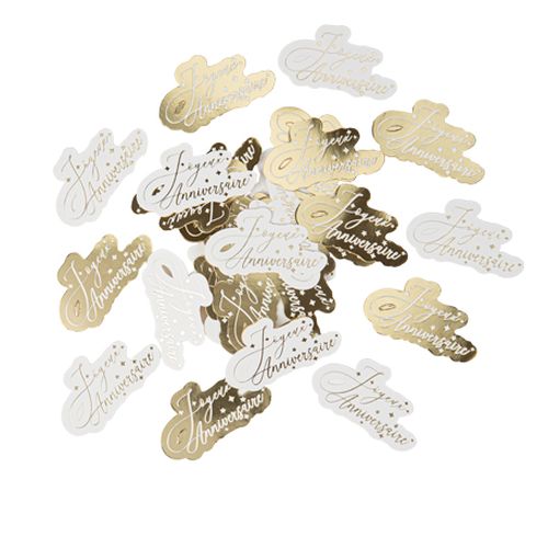 Confettis Joyeux Anniversaire Papier Or et Blanc2,7x5cm Env 100pcs