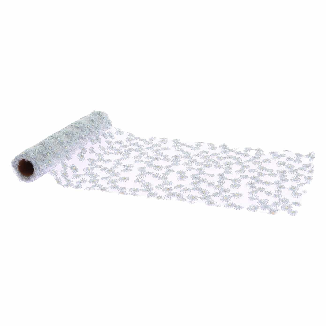 Chemin de Table le Daisy Fleuri Voile Brodé Bleu Orage et Or24cmx3m