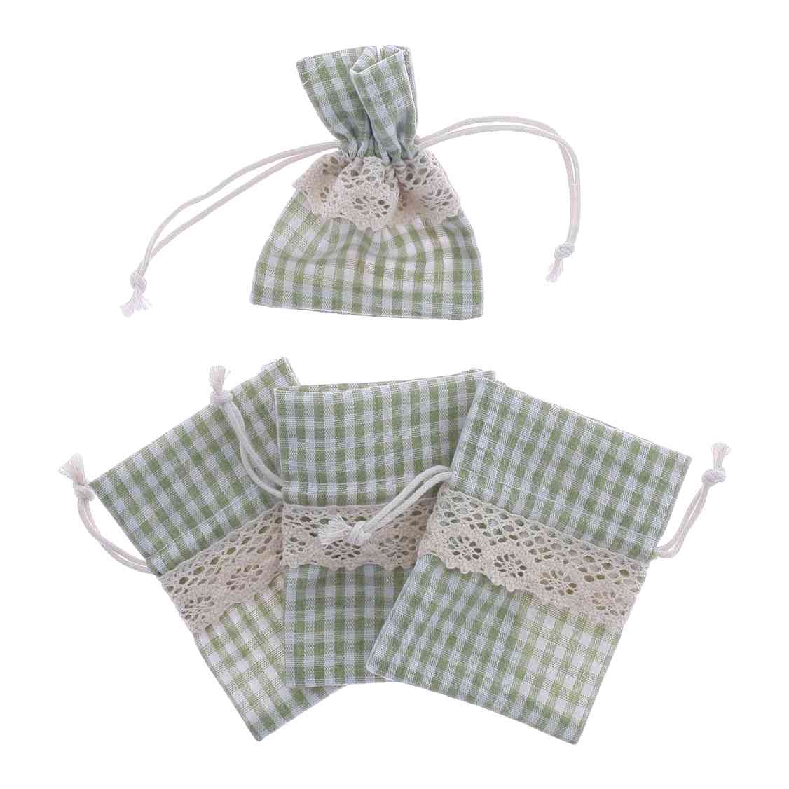 4 Pochons Vichy avec Dentelle Vert Sauge et Écru8x10cm