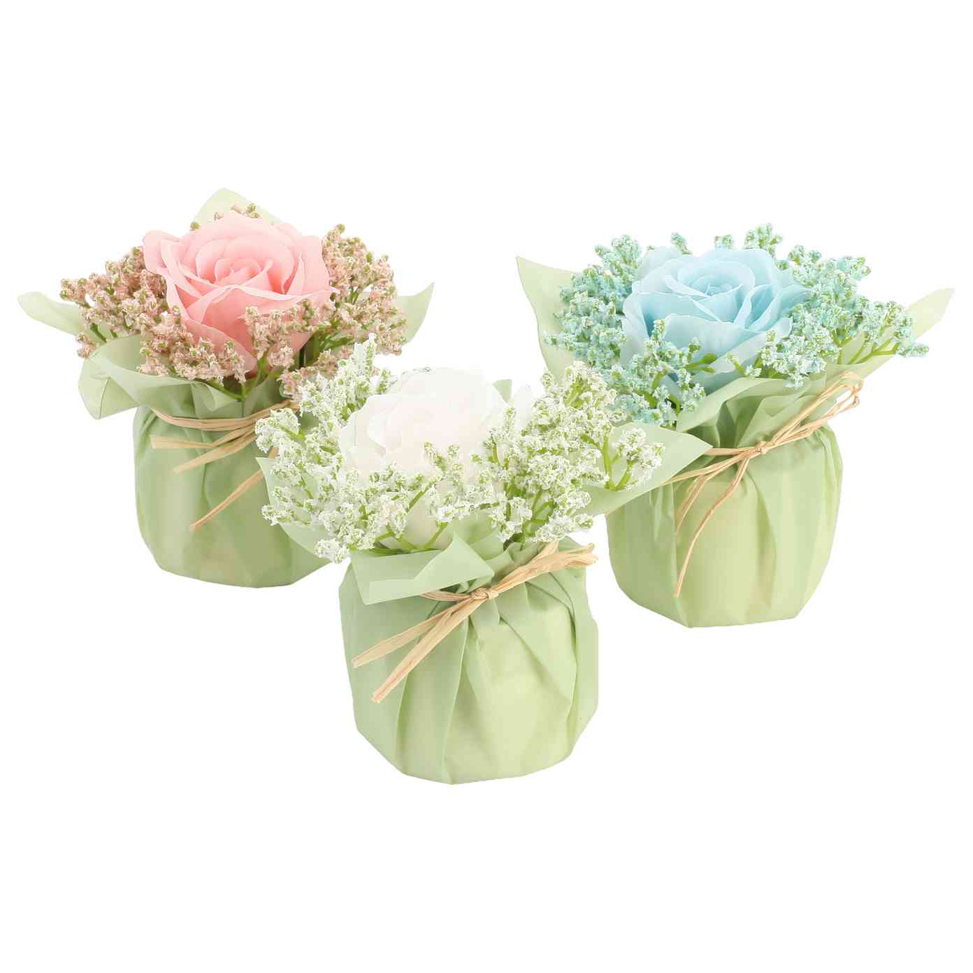 11 Composition de Rose et Fleurs avec Papier et Ficelle Papier Rose Pâle, Blanc et Bleu OrageØ6x10cm