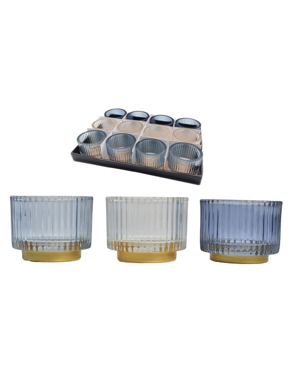 Bougeoir strié en verre teinté et base dorée