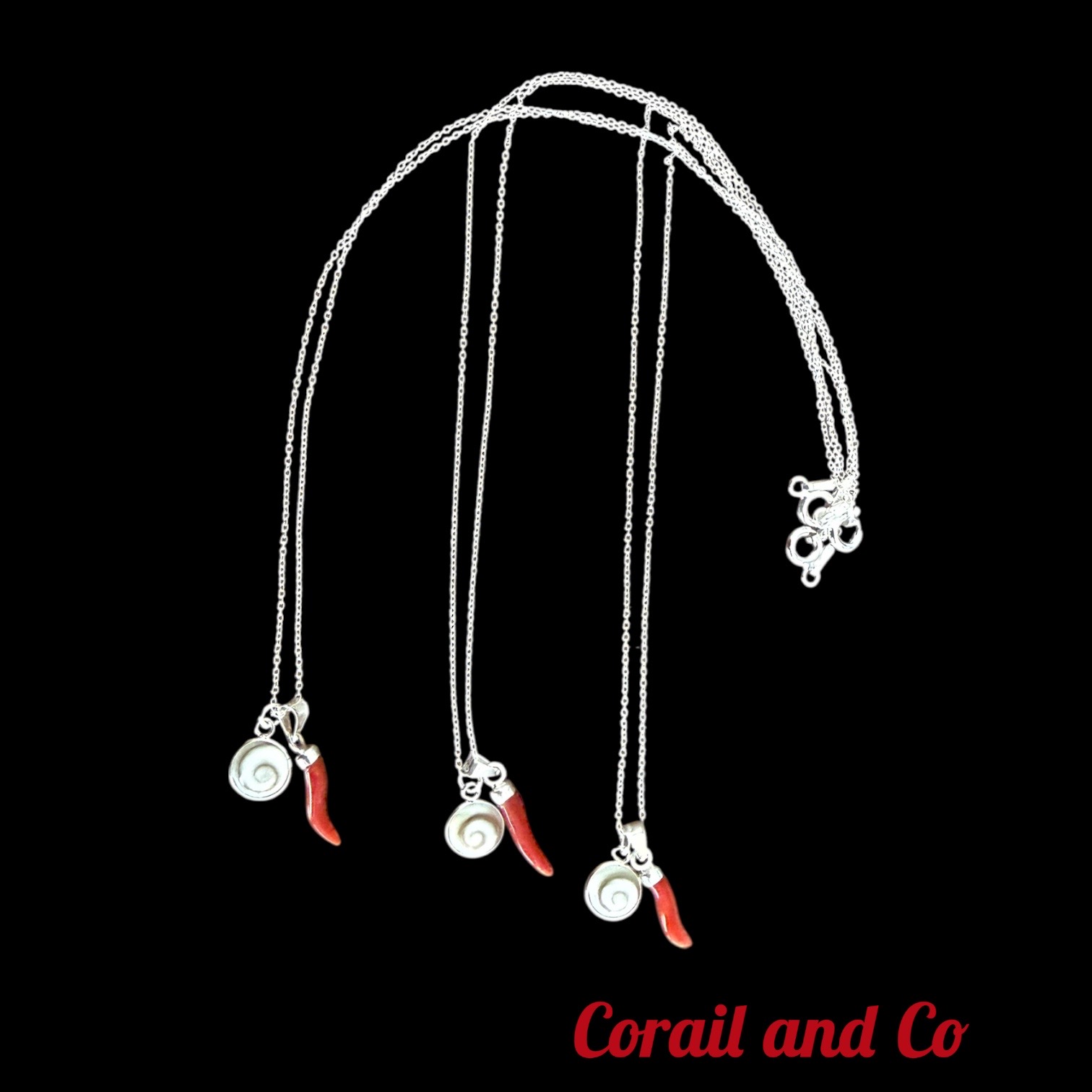 Collier Corne en corail et oeil St Lucie argent 