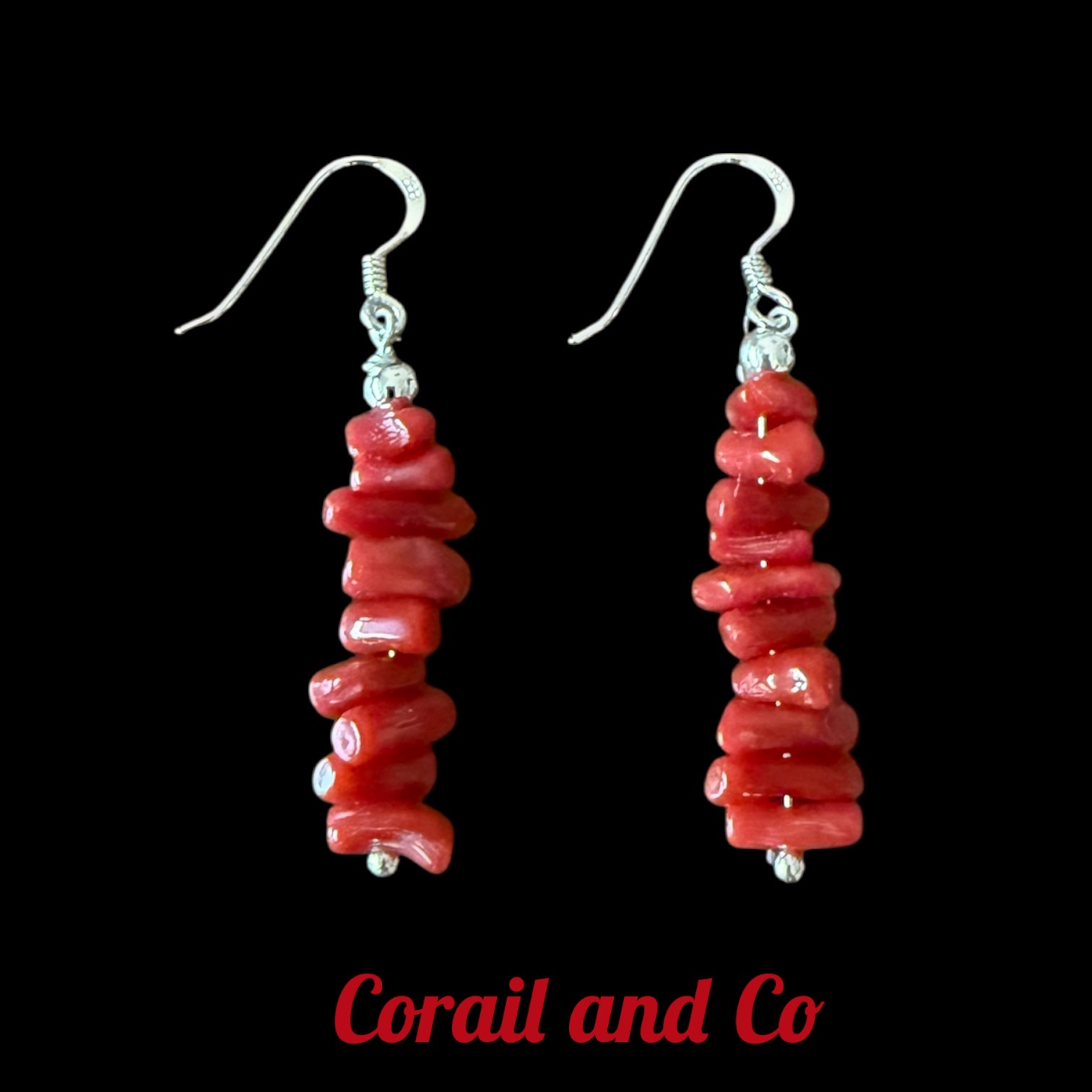 1 )Boucles d'oreilles Corail classiques crochets  argent 925