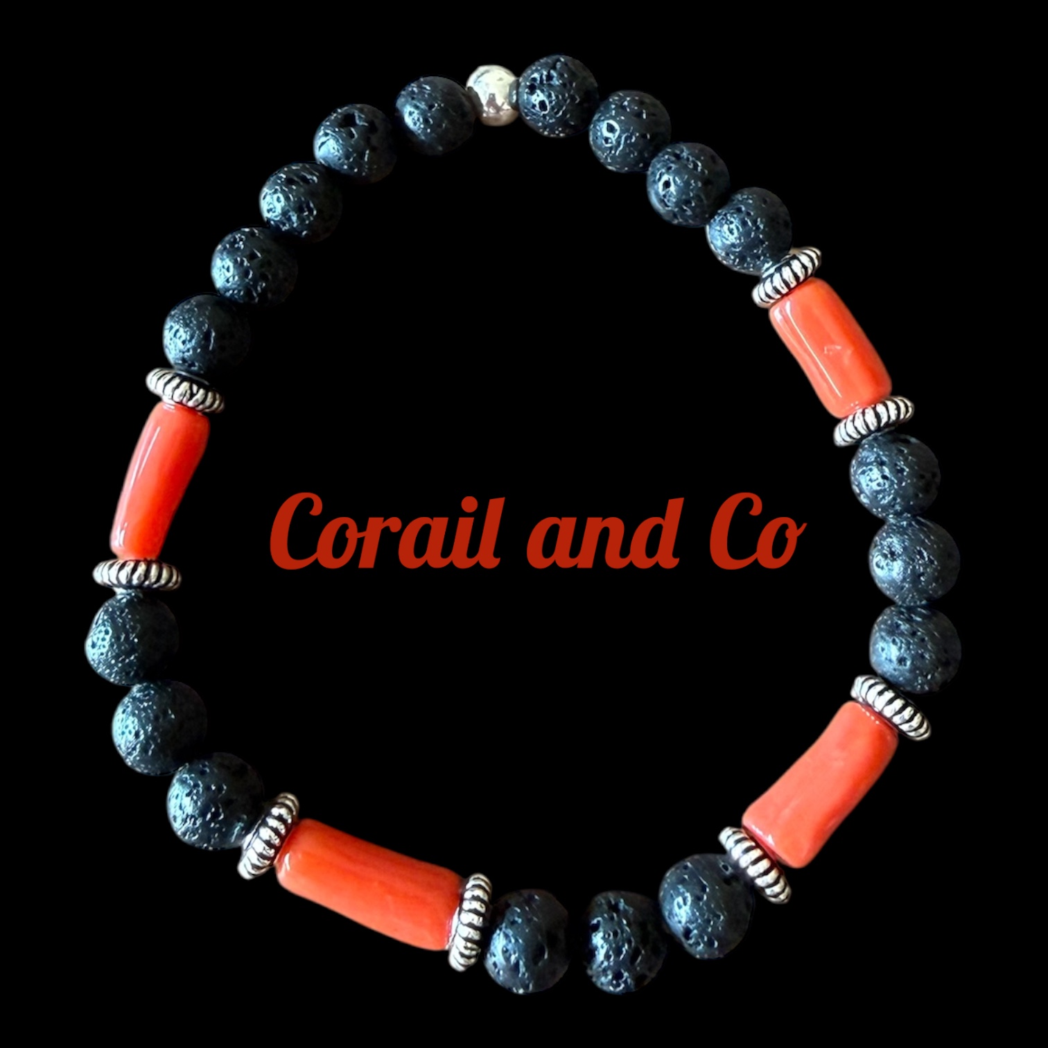 1) Bracelet homme corail/ pierre de lave / argent 6mm