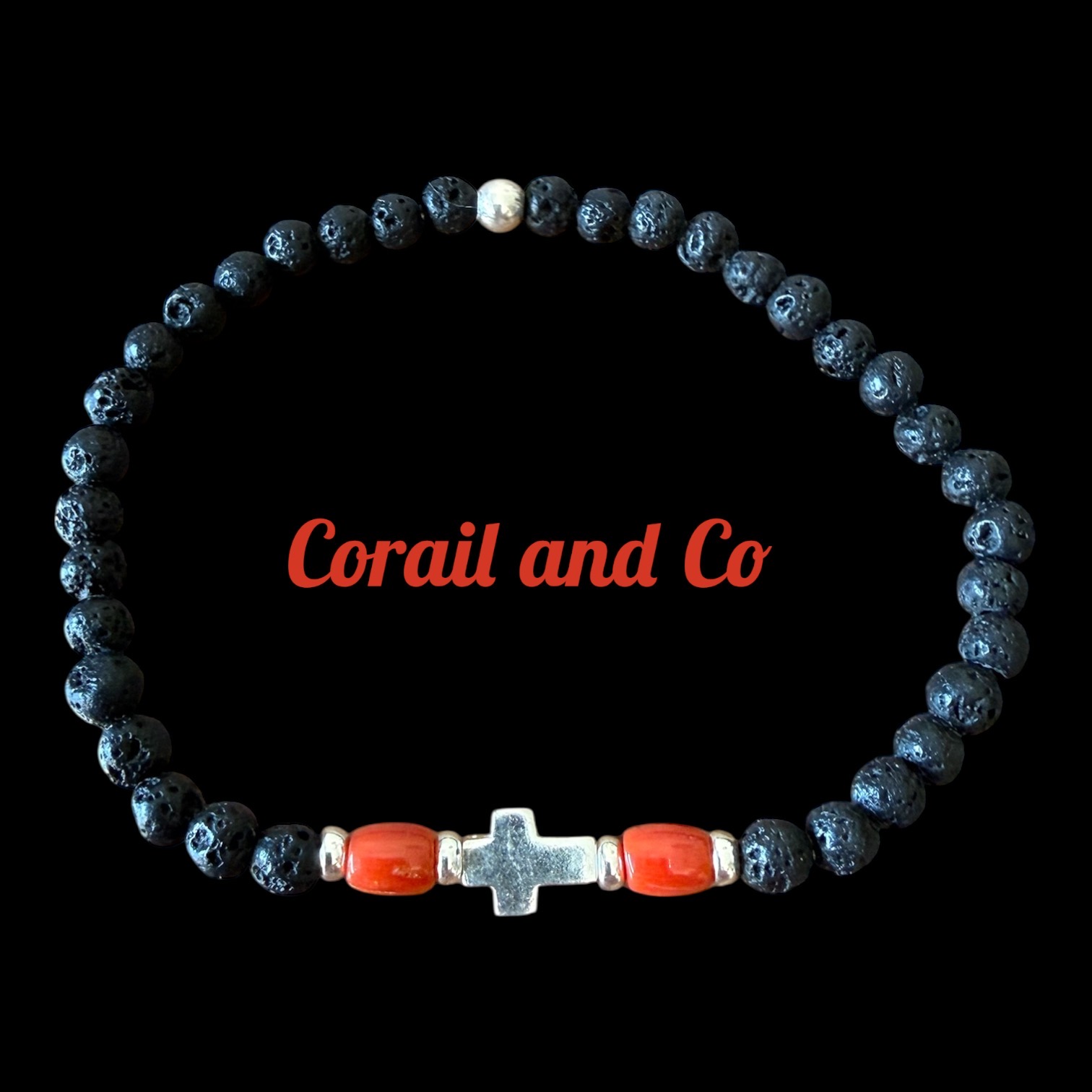 Bracelet Homme en Corail / Pierre de lave /Croix en Argent 4mm