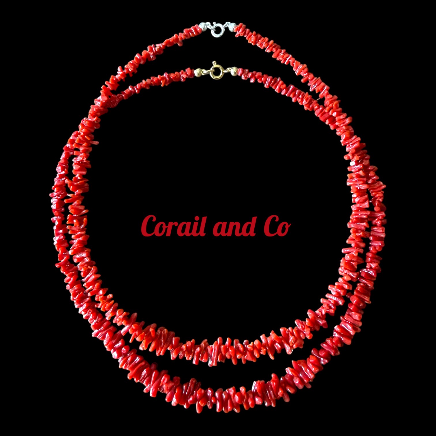 ab) Collier en corail traditionnel long ( 50 cm ) argent ou plaqué or