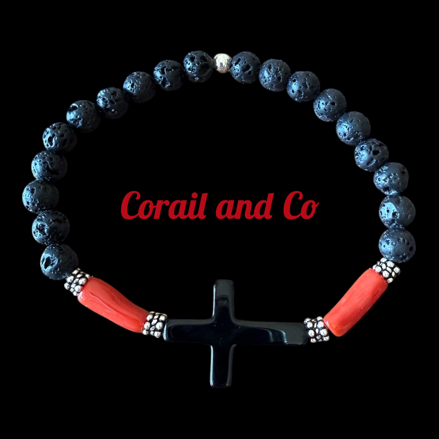 2) Bracelet homme corail / pierres de lave / onyx / argent ( 6mm)