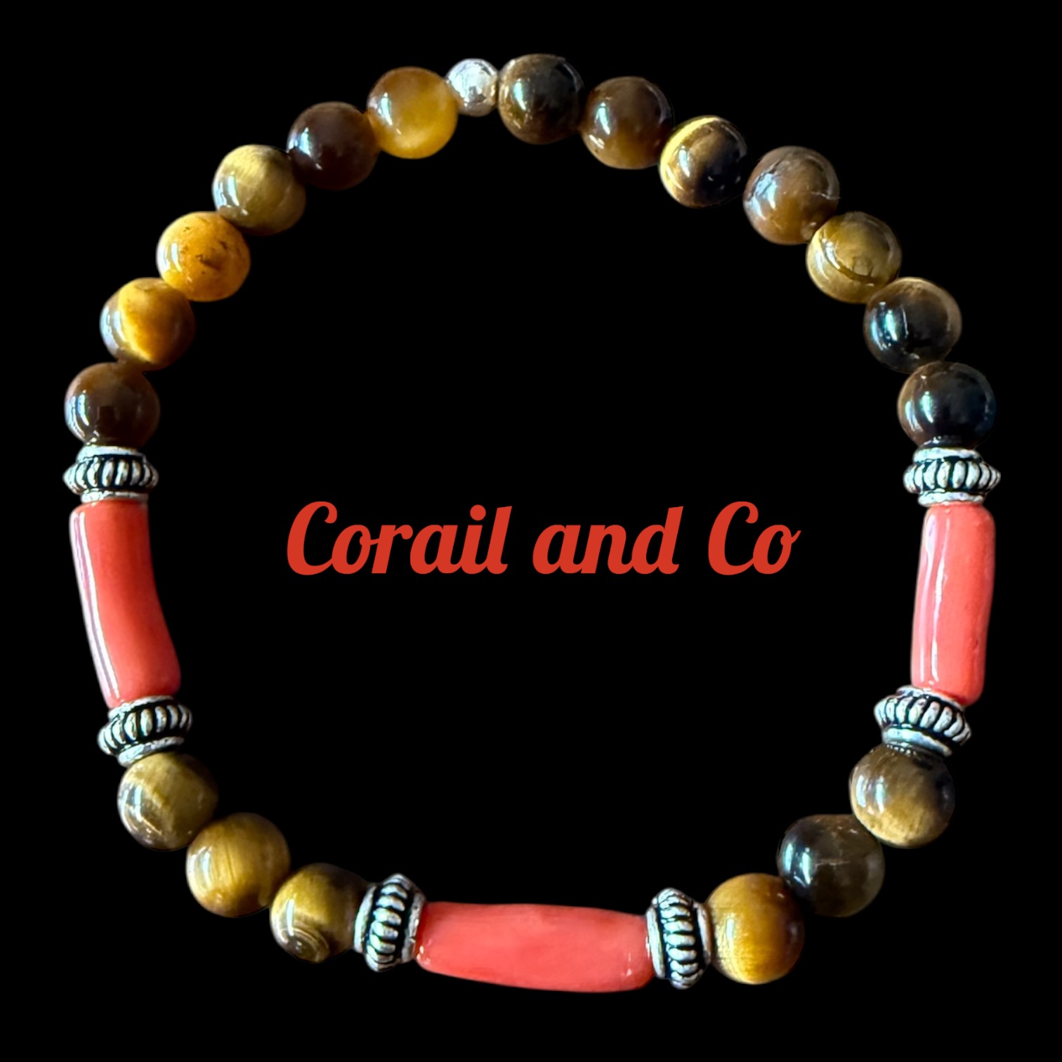 Bracelet homme corail / oeil de tigre / argent (6mm)