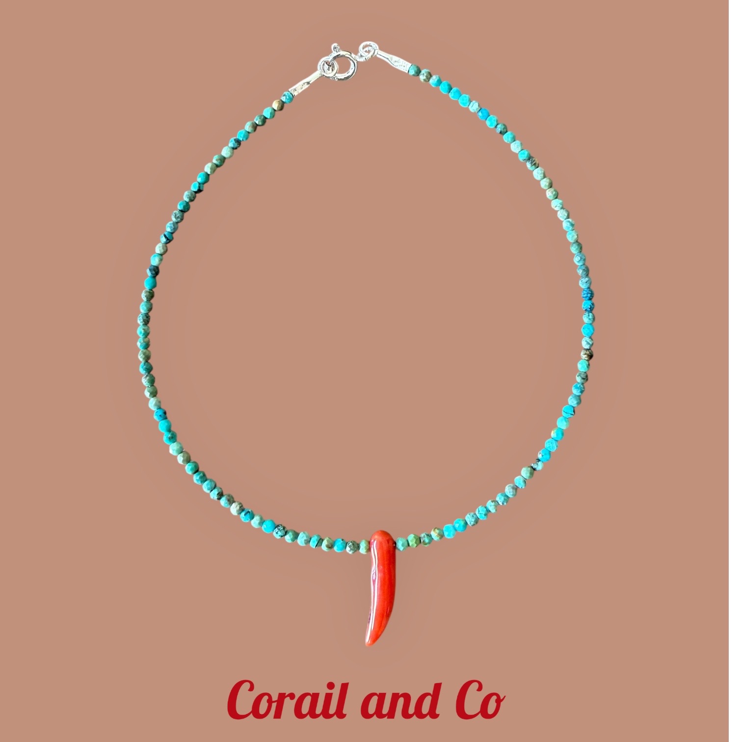 Bijou de cheville corne d'abondance en corail et perles de turquoise ( 3mm ) fermoir argent