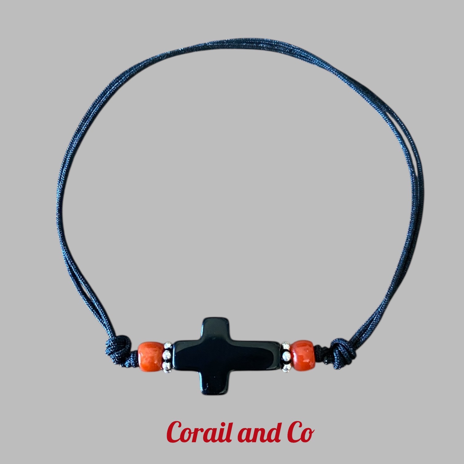  b) Bracelet mixte croix onyx / Corail /argent 