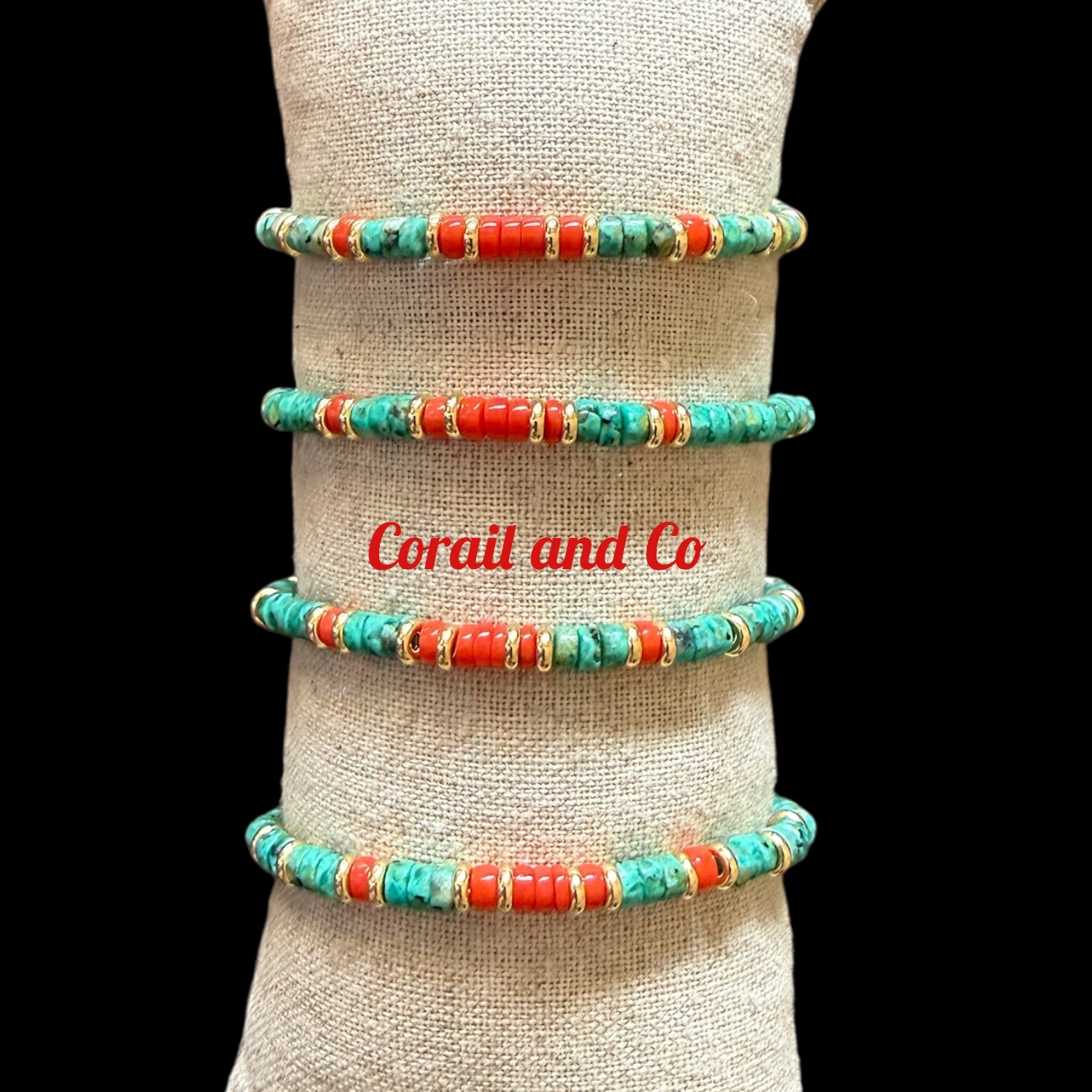Bracelet femme en corail /  turquoise / plaqué or 4mm