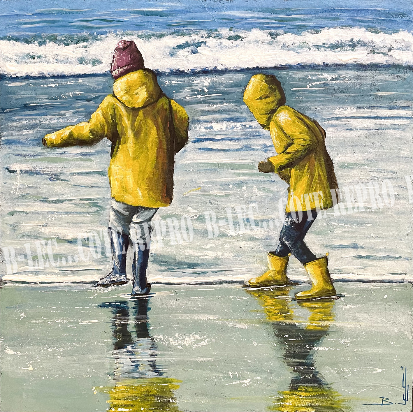 . Enfants à la mer cirés jaunes