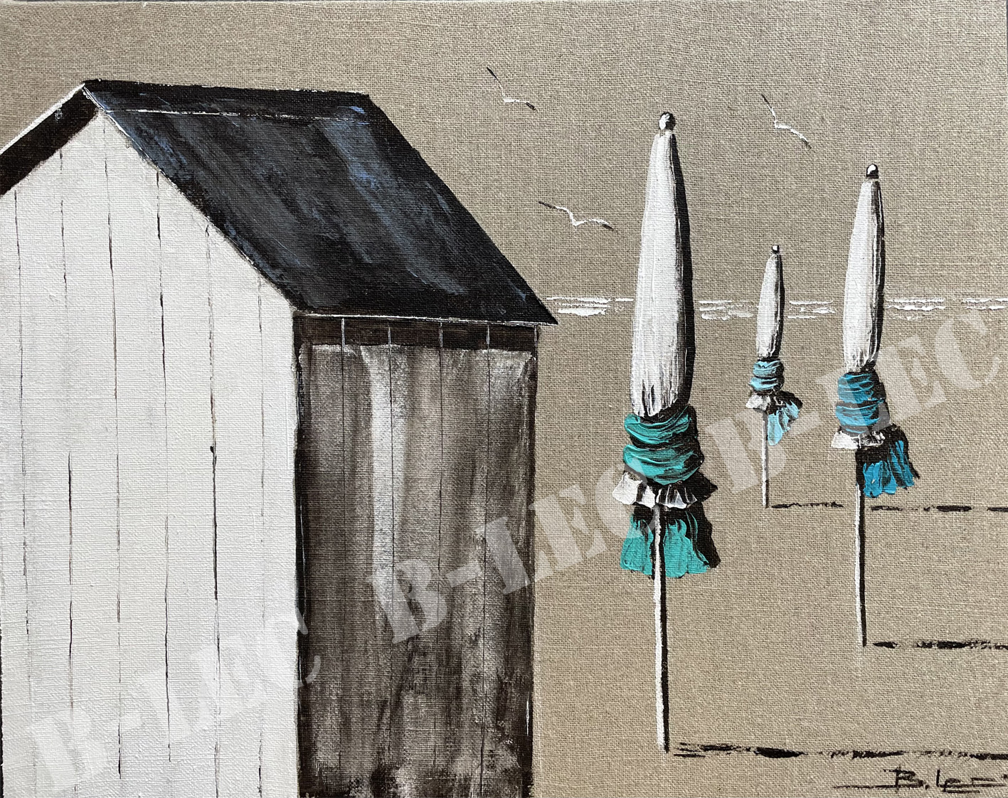 Cabine et parasols bleus